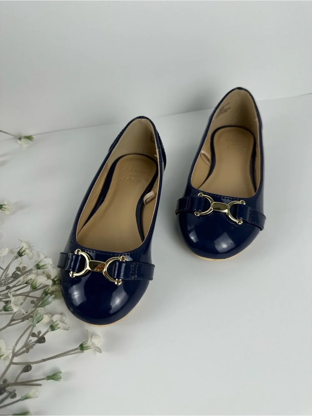Janie and Jack Girls Navy Patent Ballet Flats Gold Hardware Size 9